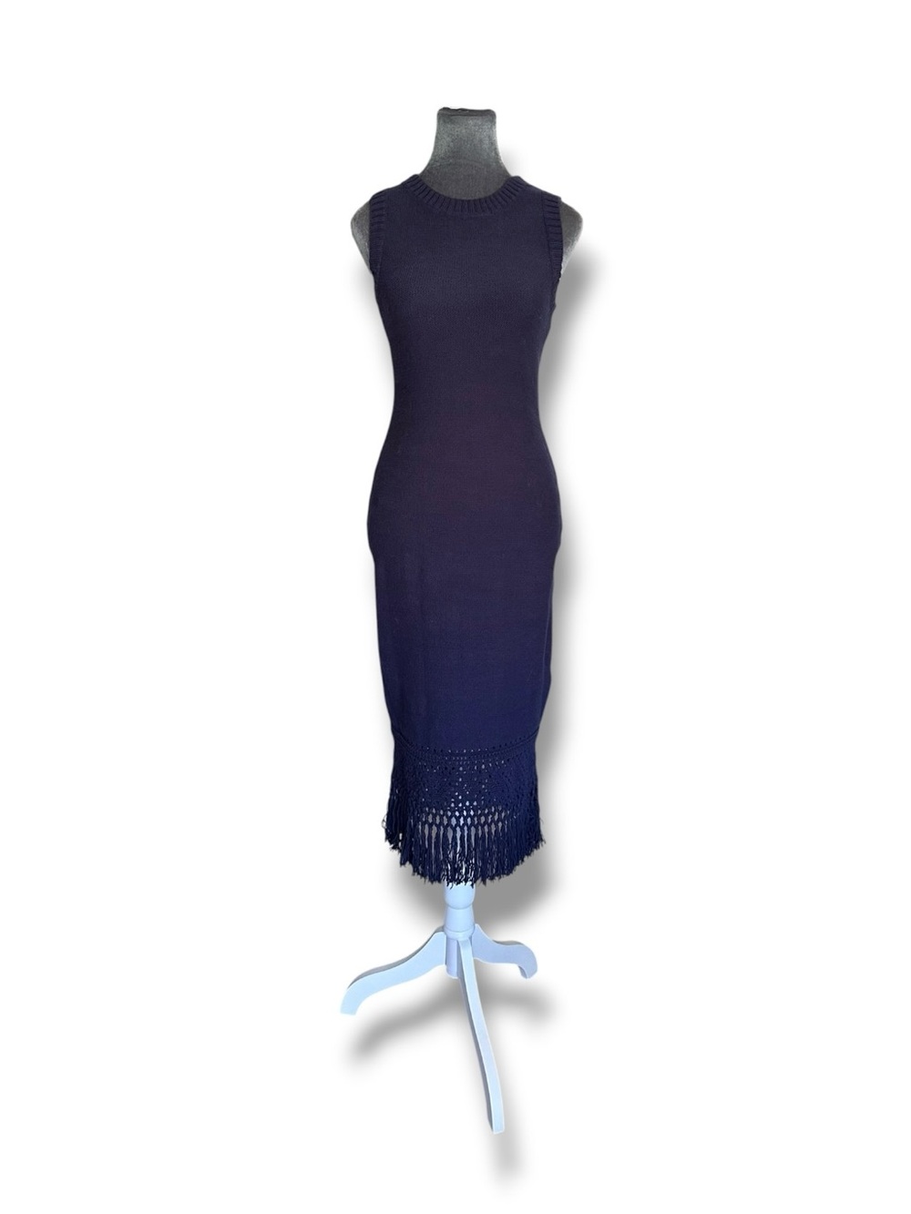Laundry by Shelli Segal Navy Blue Cotton Knit Crochet Fringe Tassel Midi Dress S